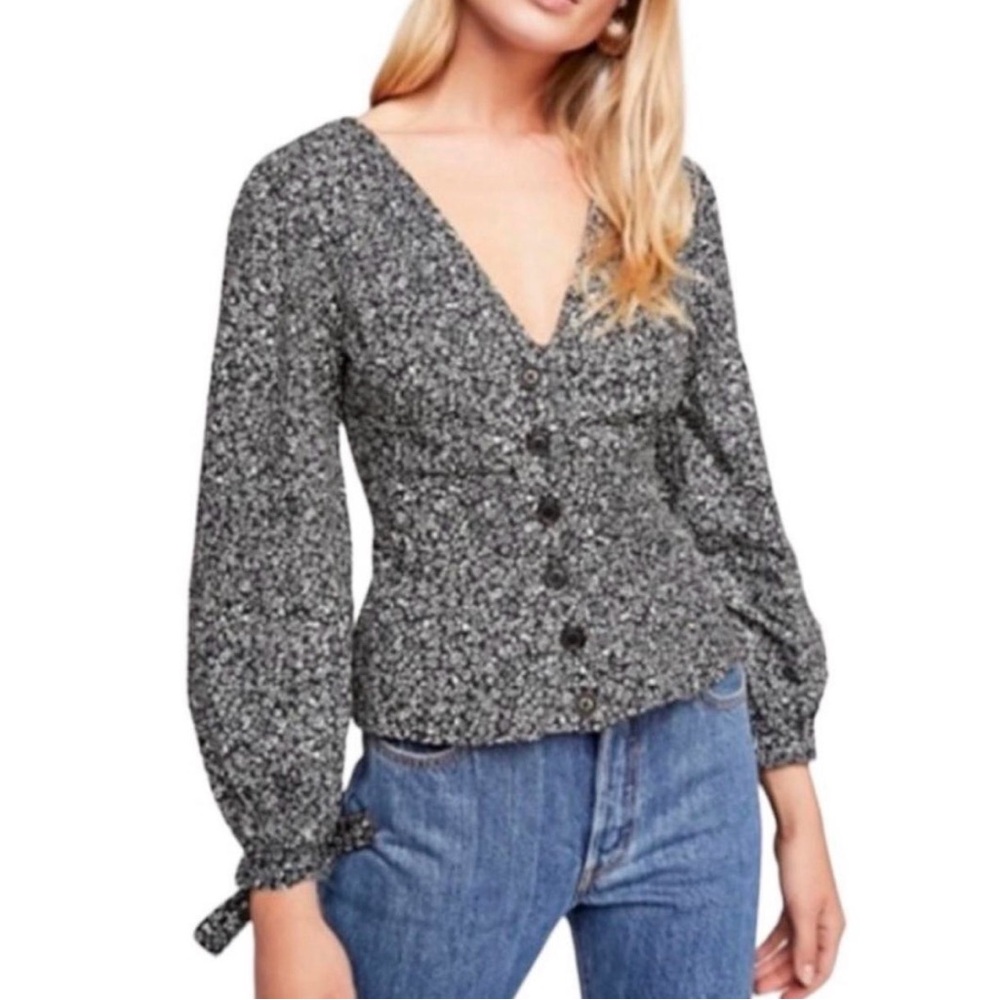 Free People Navy and White V Neck Floral Blouse